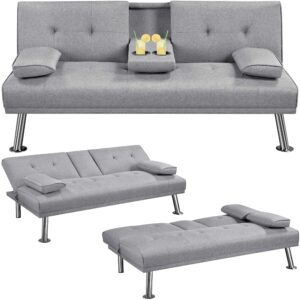 Sofa Bed Fabric Click Clack Sofa Bed with 2 Cup Holders Light Gray