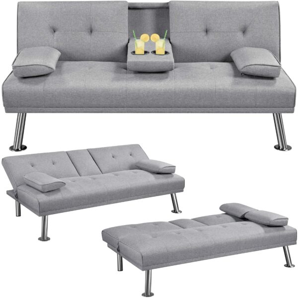 Sofa Bed Fabric Click Clack Sofa Bed with 2 Cup Holders Light Gray