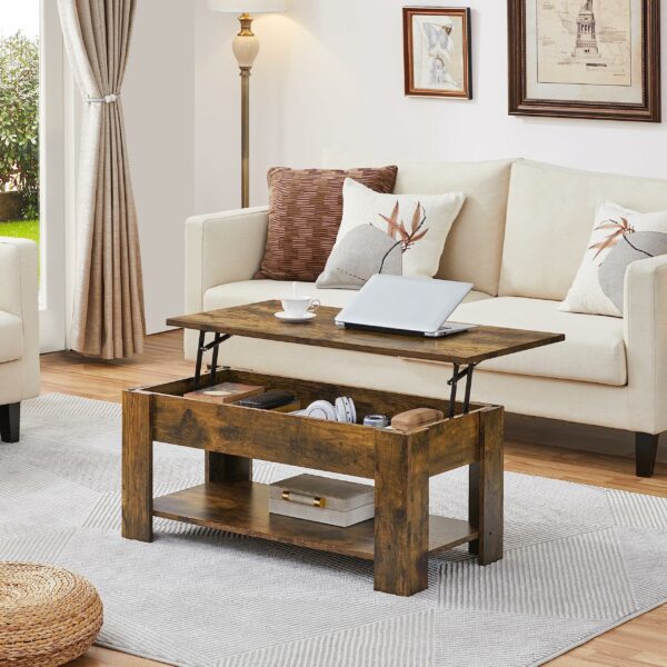 Lift Up Coffee Table Wooden Lifting Coffee Table with Hidden Storage Rustic Brown