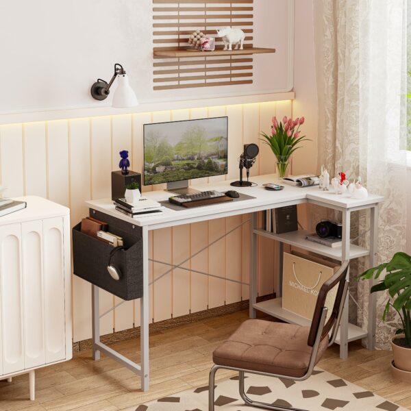 L-Shaped Gaming Desk 100x70 cm with Storage Shelves and Bag White
