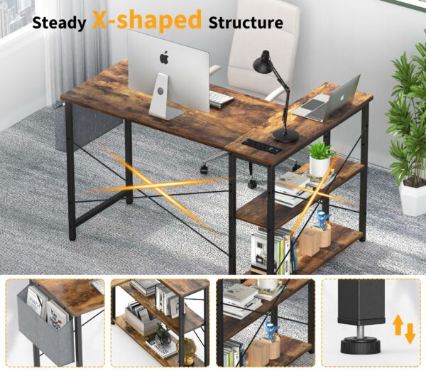Corner Desk L-Shaped with Power Outlet and Shelves – Rustic Brown