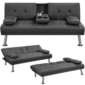Sofa Bed Fabric Click Clack Sofa Bed with 2 Cup Holders Dark Gray