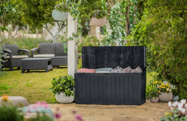 270L Outdoor Garden Storage Box, Graphite Wood Effect, Weather-Resistant, 2-Year Warranty