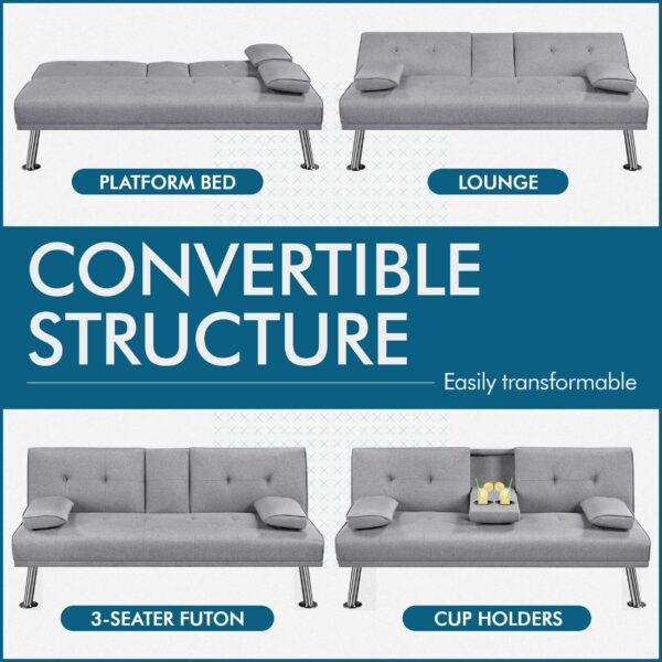 Sofa Bed Fabric Click Clack Sofa Bed with 2 Cup Holders Light Gray