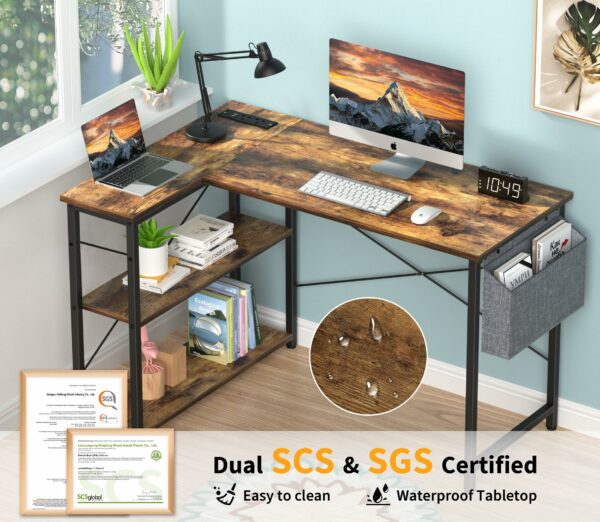 Corner Desk L-Shaped with Power Outlet and Shelves – Rustic Brown