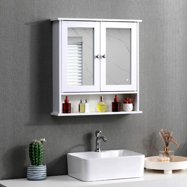White Bathroom Wall Cabinet – Double Mirrored Doors